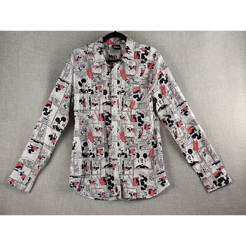 Disney Mickey Button Up Mens Size L Shirt Comic Strip All Over Print